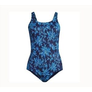 Lands' End Swimsuit 10 D  m navy blue floral leaf Tugless chlorine resistant new